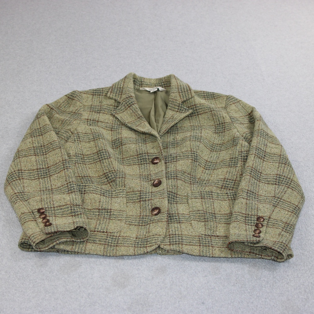 LL Bean Blazer Jacket Women Small Green Plaid Wool Tweed Button Lined Heritage
